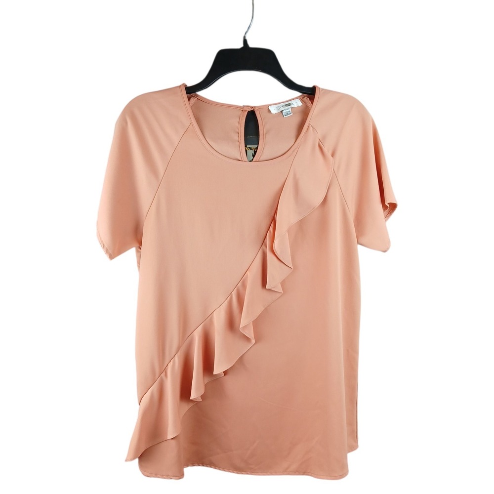 Shilla Womens  Short Sleeve Round Neck Ruffle Blouse  Size XS/S Peach Oversized